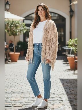 Open weave sweater with fringe, all tags have been removed, lightweight, roomy